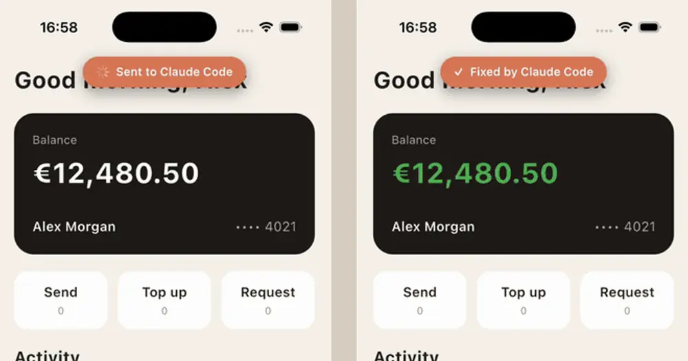 fixkit in the Flutter demo app: a Sent to Claude Code banner, then Fixed by Claude Code and a green balance