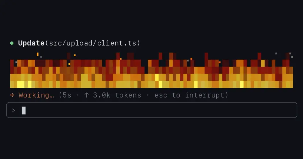 flow-scenes fire burning high above the Claude Code prompt while Claude updates a file