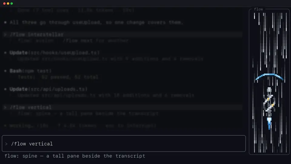 flow-scenes spine: a tall pane beside the dimmed Claude Code transcript, the avalon colony ship under its shield