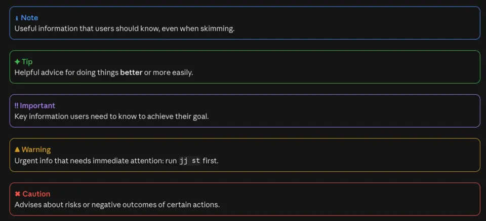 gfm-render Note, Tip, Important, Warning and Caution alerts as colored boxes in the Claude desktop app, dark theme
