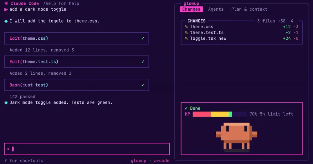 glowup arcade pack: neon tool cards in the transcript, Changes tab with three files and Clawd in the docked pane