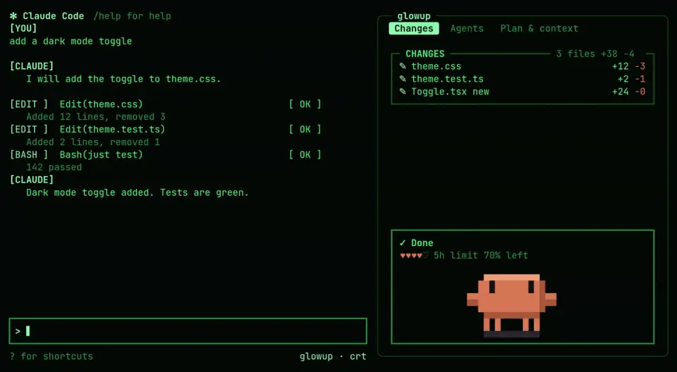 glowup crt pack: green phosphor transcript with retro tool tags and OK marks, the docked pane on the right