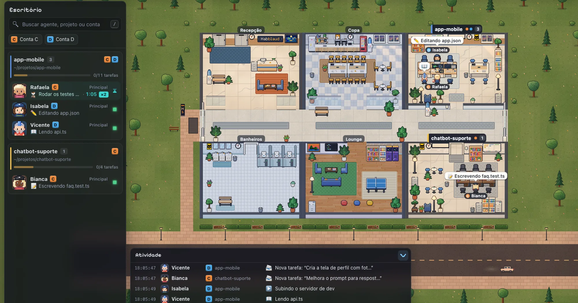 Habblaud office from above: reception, kitchen, lounge and project rooms, with the room list and the activity feed