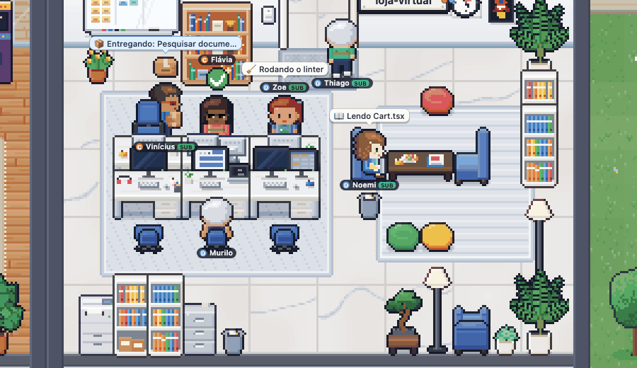 Habblaud room animation: pixel characters typing at their desks while badged subagents come and go