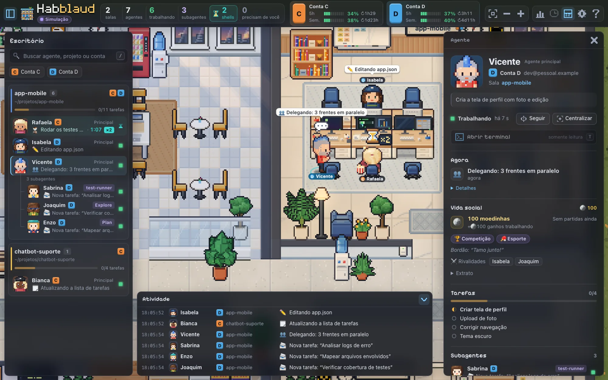 Habblaud agent drawer for one character, with current activity, coins, tasks and subagents, beside the room list