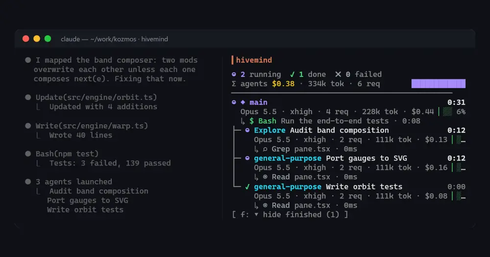 hivemind sidebar beside a Claude Code transcript: the main loop at the root and three subagents beneath it