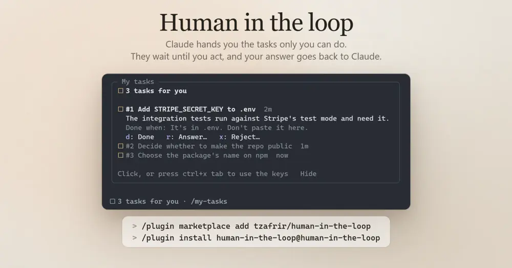 Human in the loop's My tasks pane with three open tasks and the task count under the prompt, above the install commands