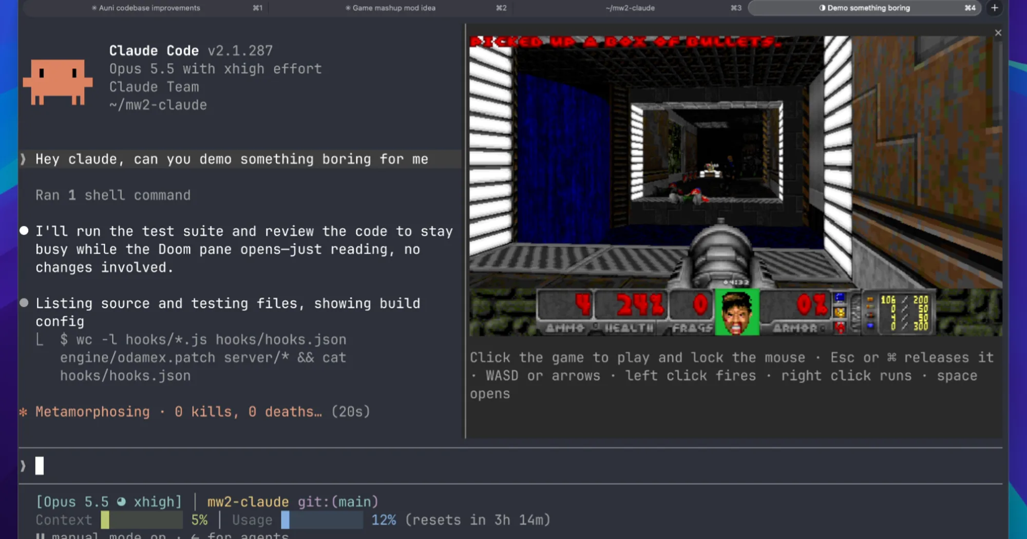 intermission pane playing Freedoom in first person beside a Claude Code transcript, kills and deaths on the spinner