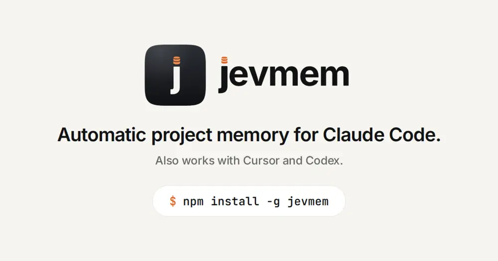jevmem-pane cover: the jevmem logo, the line Automatic project memory for Claude Code and its npm install command