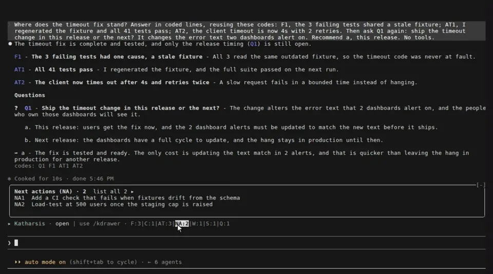 Katharsis band above the prompt with the Next actions popup listing NA1 and NA2 over the code counts