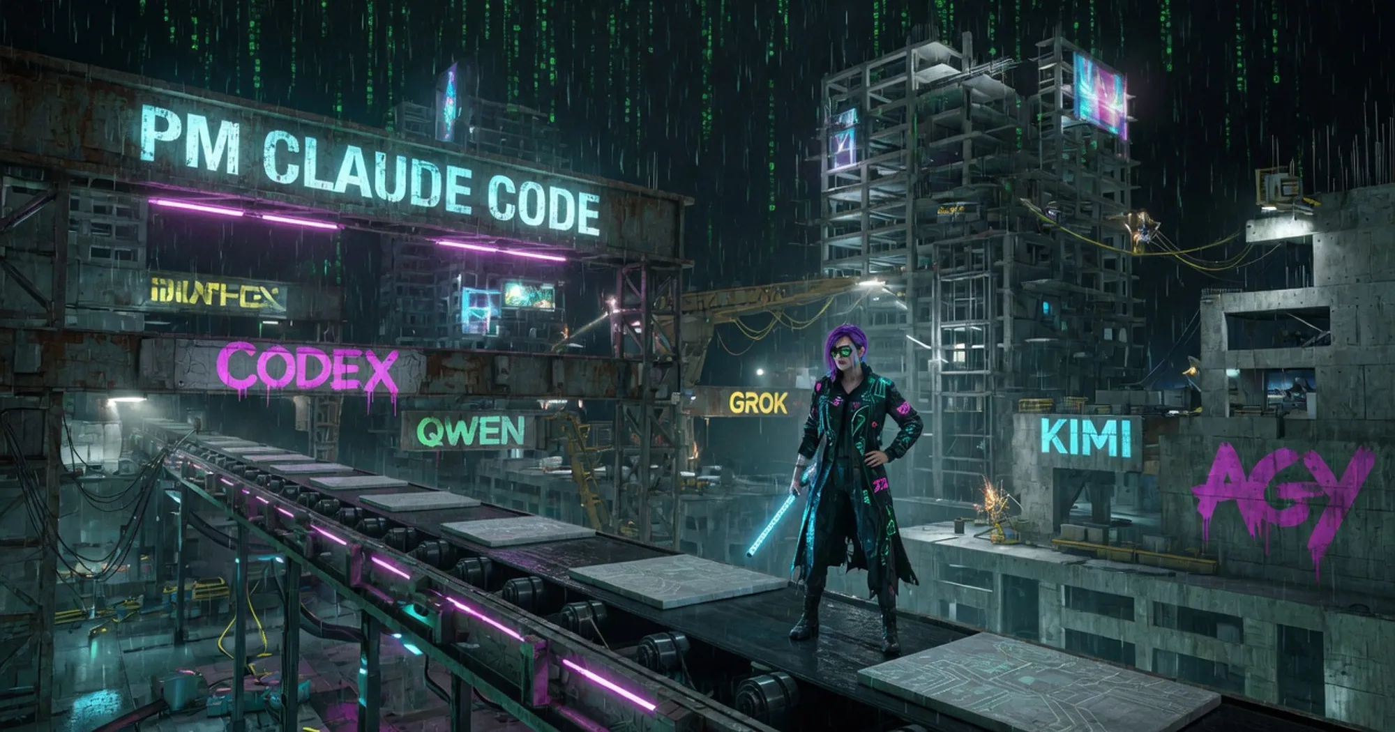 lane-stack illustration: a conveyor of task tiles under a PM Claude Code sign, with Codex, Qwen, Grok, Kimi and AGY signs