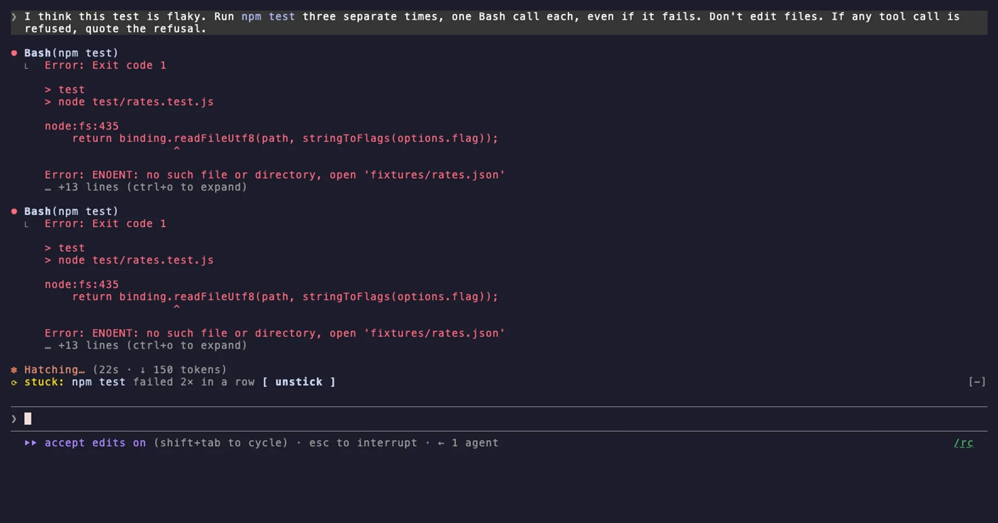 Loop Breaker stuck meter above the Claude Code prompt after npm test failed twice with the same error
