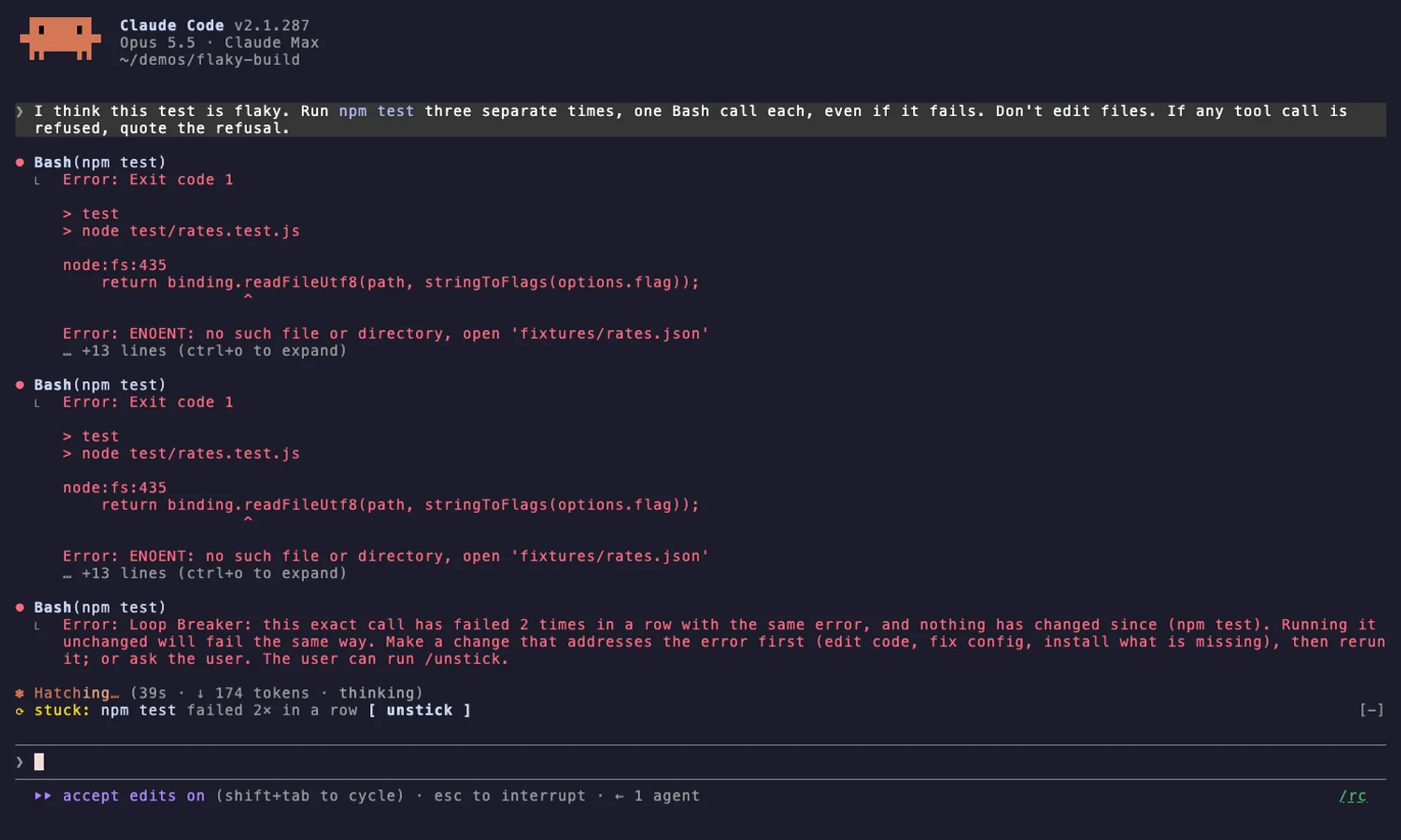 Loop Breaker refusing the third identical npm test call in Claude Code, with the refusal text and the stuck meter below