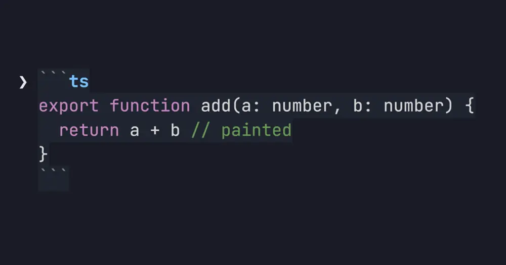 md-prompt painting a TypeScript code fence in the prompt box as a dark card with keywords and comment colored