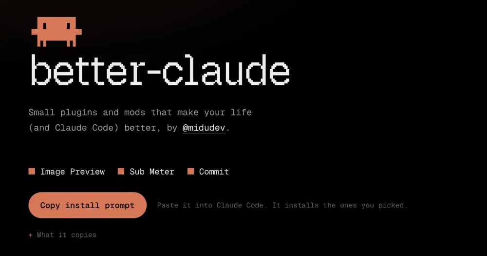 Project image of better-claude, the marketplace that ships After: a pixel mascot, the wordmark and an install button