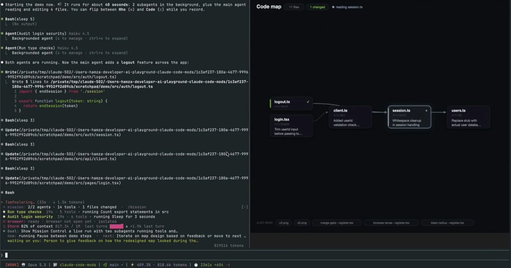 mission-control code map pane beside a Claude Code session: four file cards linked by import arrows