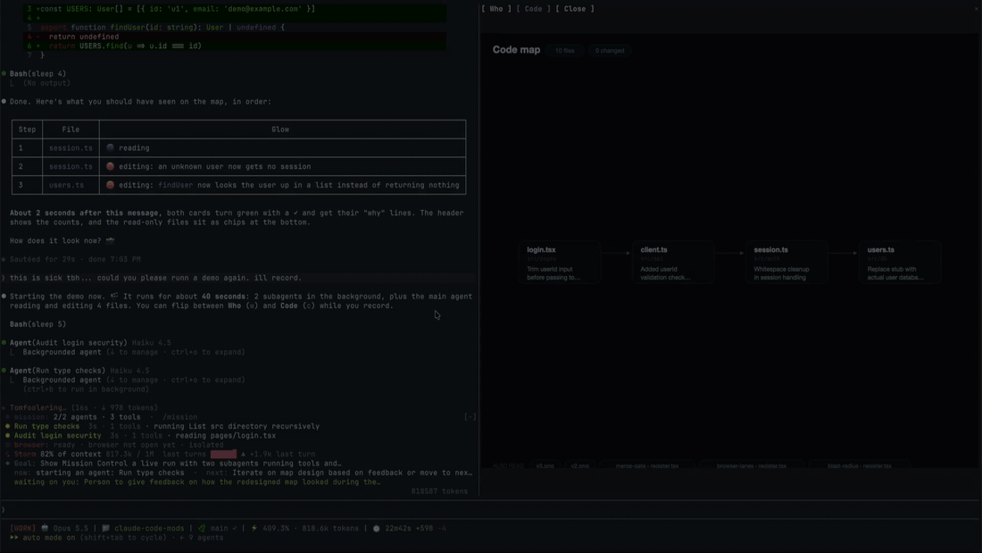 mission-control at 4x speed: two subagents run while the main agent adds a logout feature across four files