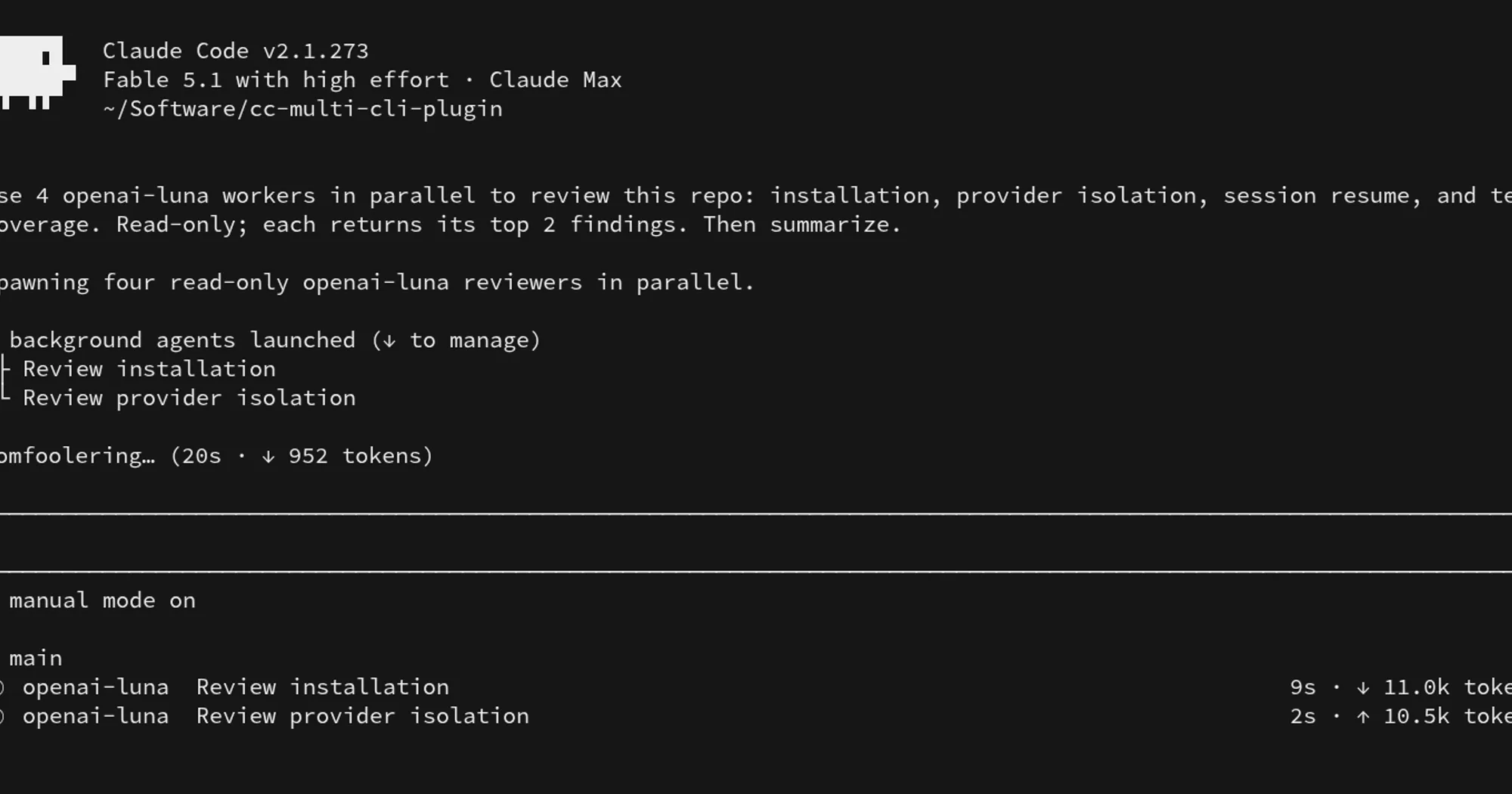 multi-core running four openai-luna workers in parallel, with the worker list and tokens under the Claude Code prompt