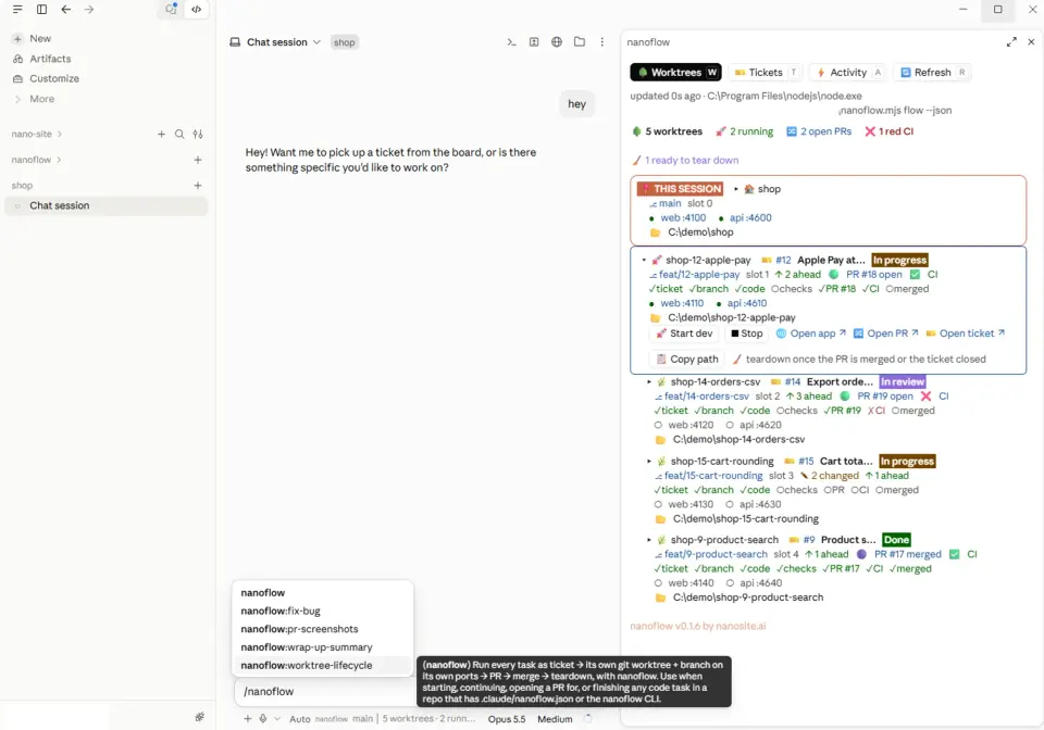 nanoflow pane in the Claude desktop app beside a chat: five worktrees of a demo shop with board columns, PRs, CI and ports