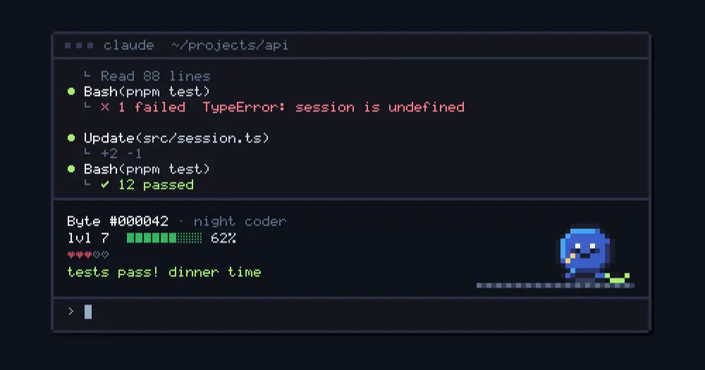 nibbl pixel pet beside a green bug in its band above the Claude Code prompt after a failing test passes