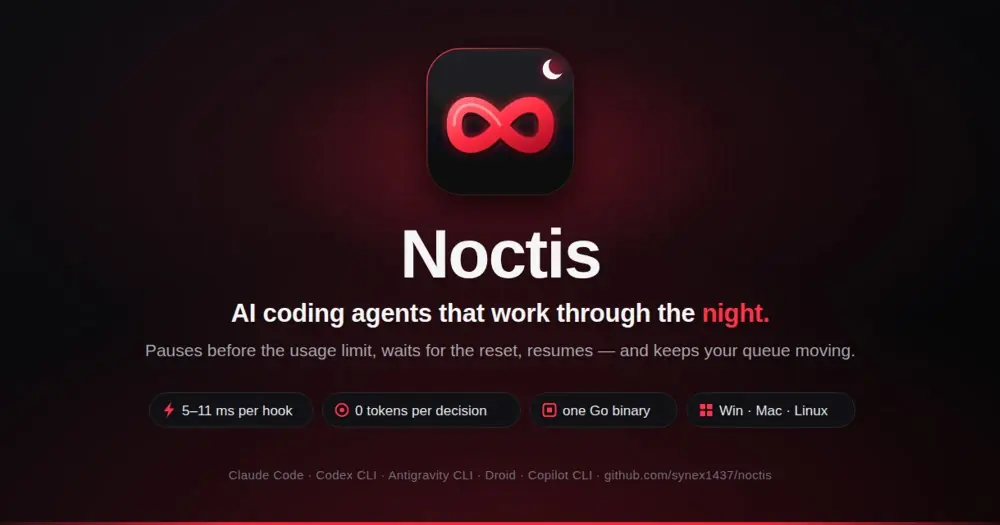 noctis banner with a red infinity logo and a crescent moon over the line AI coding agents that work through the night