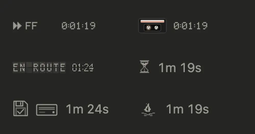Six nowloading themes with their timers: VCR FF, a cassette, an EN ROUTE flap board, an hourglass, a floppy, a campfire