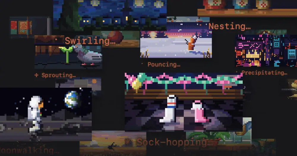 verbs pixel-art loops for Swirling, Nesting, Pouncing and Sock-hopping drifting on a dark background