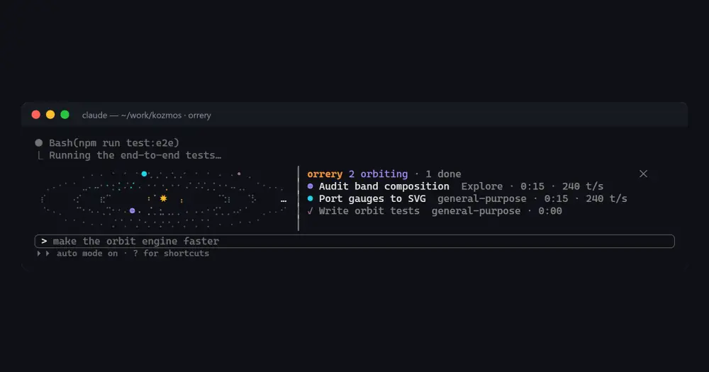 orrery band above the Claude Code prompt: two subagents orbiting a sun, with a legend of their tasks beside it