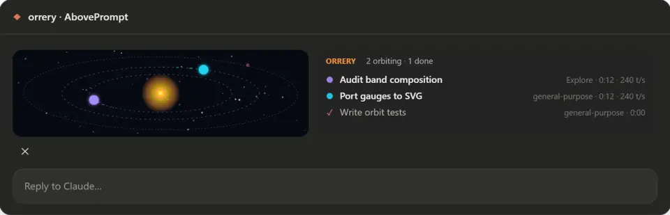 orrery in the Claude Code desktop app: planets on dotted orbits around a glowing sun, and a legend of three agents