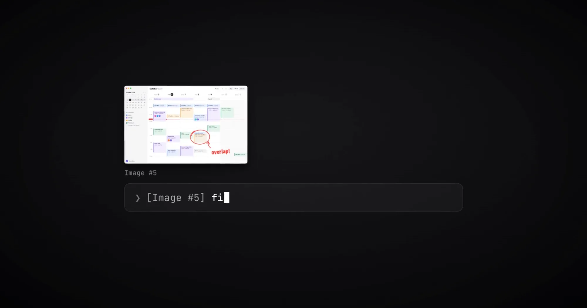 paste-preview thumbnail of a calendar screenshot with a red circle, labelled Image #5, above the Claude Code prompt