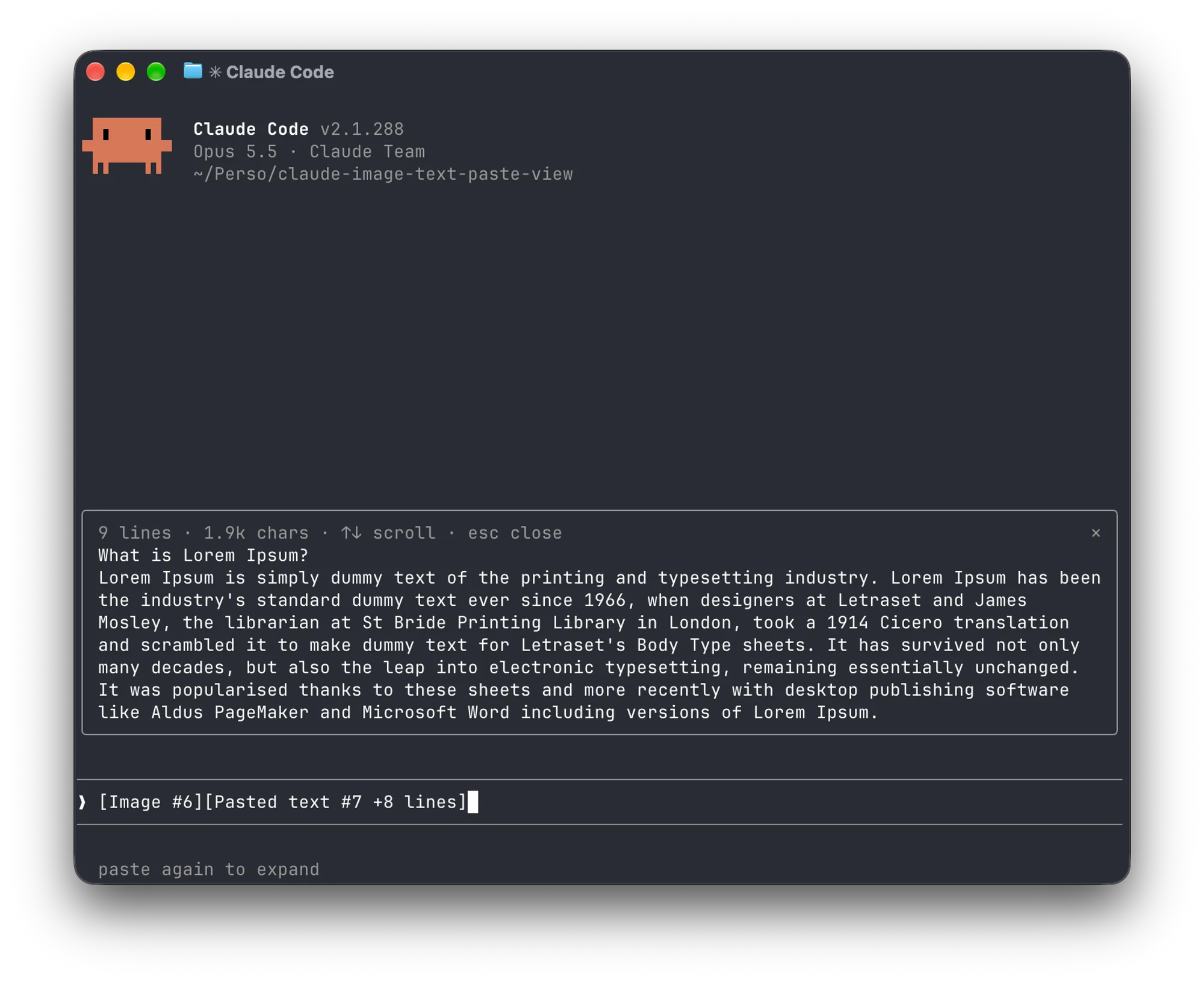 paste-view pane showing pasted text #7 in full, with its line and character counts, above the prompt