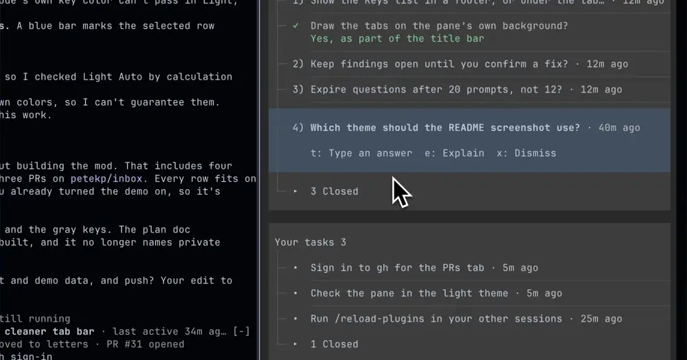 inbox pane beside a Claude Code session, Needs you tab open with four questions and three tasks