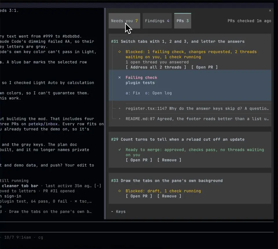 inbox PRs tab: one pull request blocked by a failing check and review threads, one ready to merge, one draft