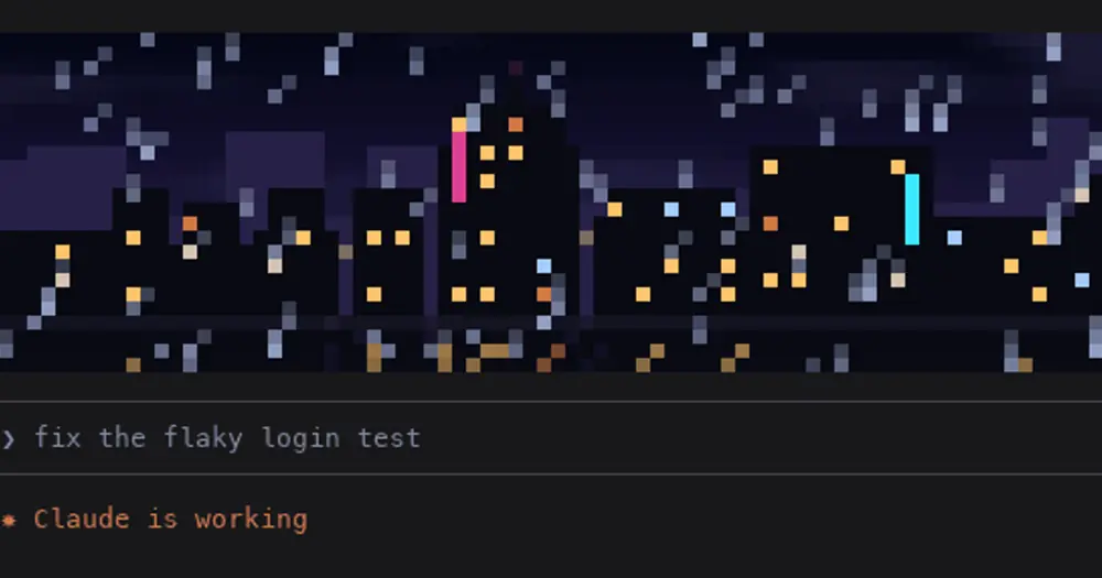 pixelband city scene, rain over a pixel-art skyline at night, drawn above a Claude Code prompt