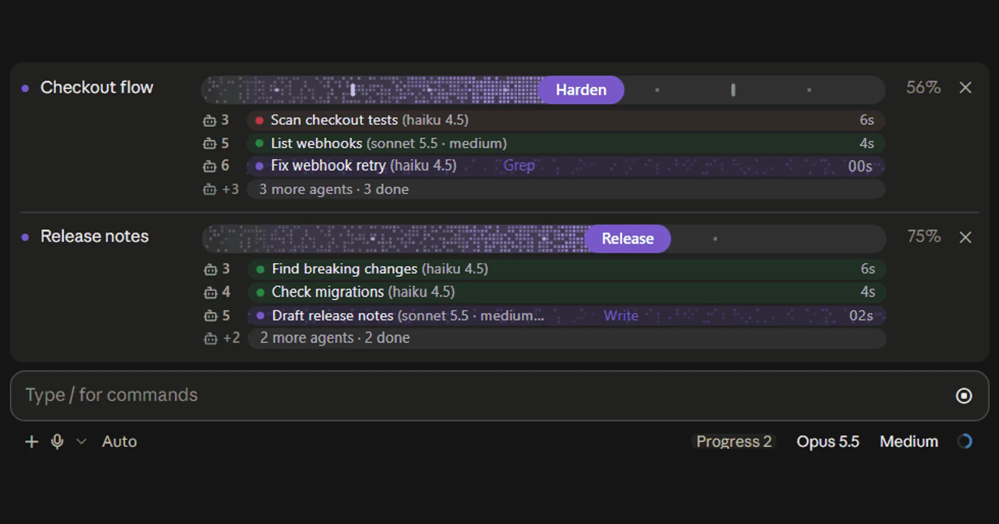 plan-progress bars for Checkout flow and Release notes, each with its subagent strips, above the Claude Code prompt