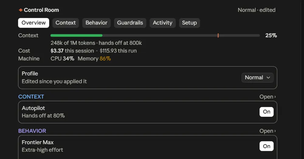 Project Sentinel's Control Room panel in Claude Desktop: context at 25%, cost, CPU and memory, Autopilot and Frontier Max on