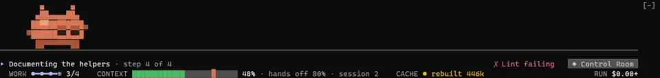 Project Sentinel status bar in a terminal: Kit above, the step headline, a Lint failing chip, then Work, Context and Cache