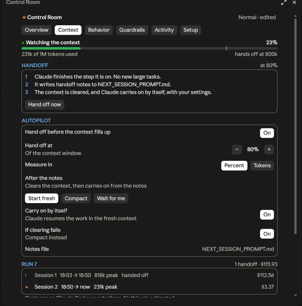 Project Sentinel Context section in Claude Desktop: the context meter, the three handoff steps and Autopilot's settings