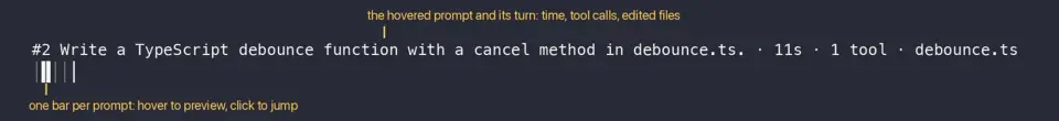 prompt-rail bars above the prompt, with the hovered prompt's text, time, tool count and edited file on the line above
