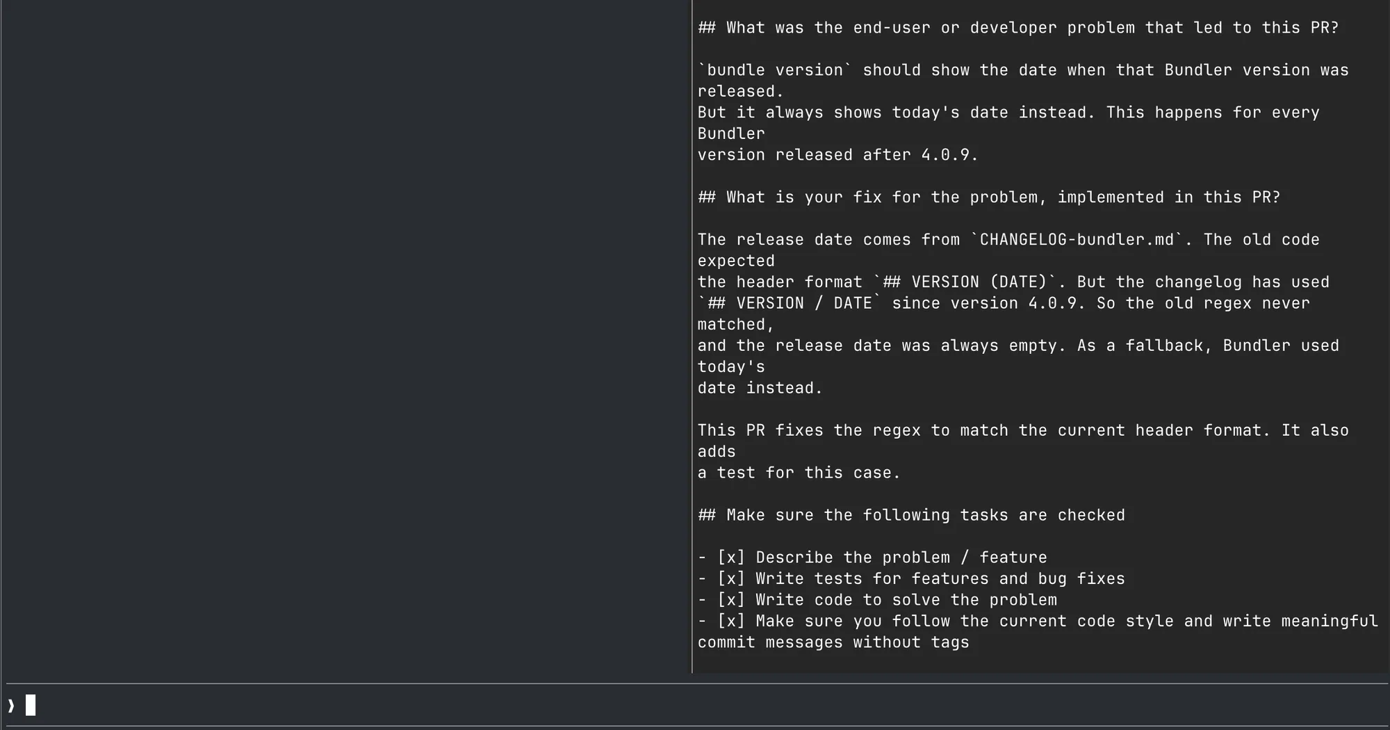 pull-request-pane beside the Claude Code transcript showing a merged pull request with its checks passing