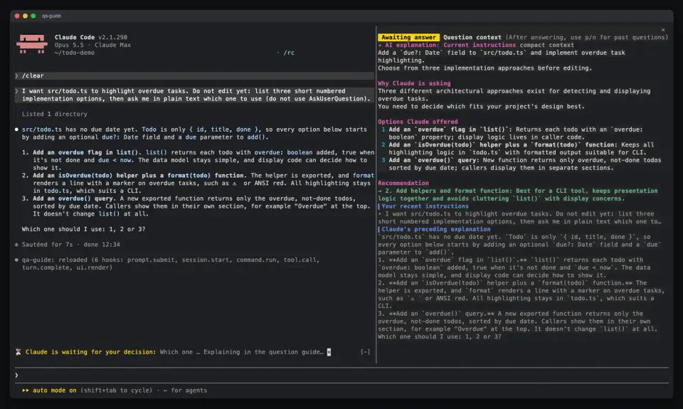 qa-guide band above the Claude Code prompt for a plain-text question, with its explanation in the side pane