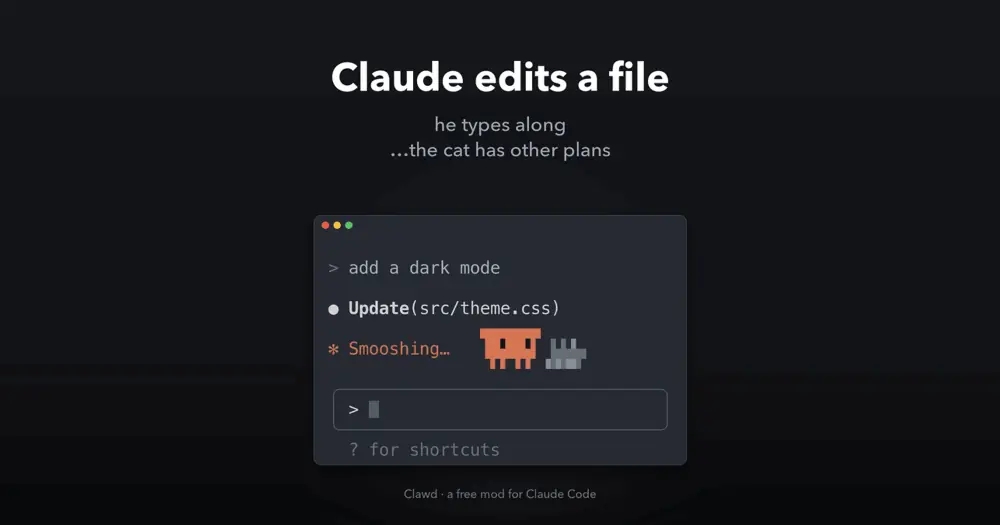 clawd demo card: a pixel Clawd and a grey cat beside the Smooshing thinking line in a Claude Code terminal