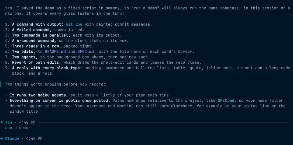 glass reply with a numbered list, colored command and file names, a gutter mark, then the You and Claude turn headers