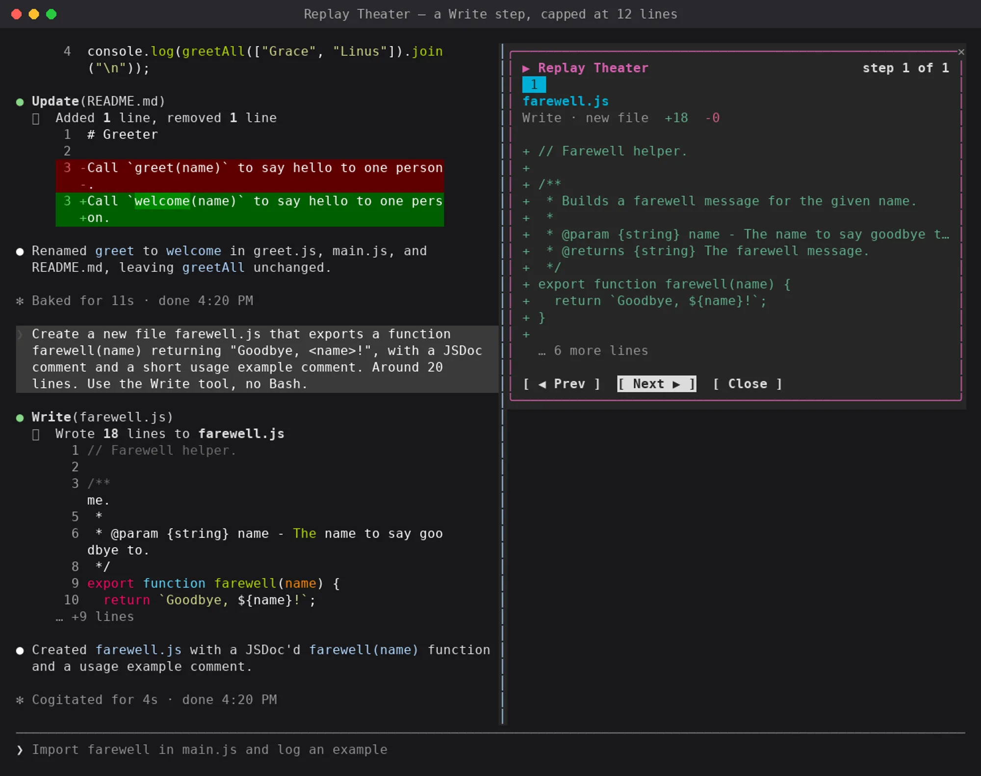 replay-theater Write step for a new farewell.js: 18 added lines, diff capped at 12 with 6 more lines
