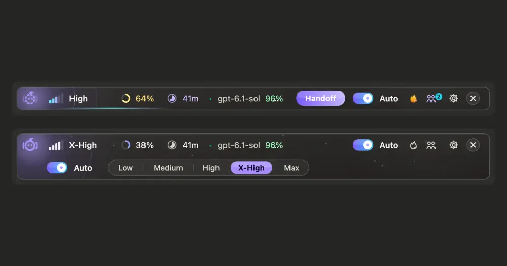 ripple band above the Claude Code prompt: effort, context, cache timer and gpt-6.1-sol with a 96% cache hit