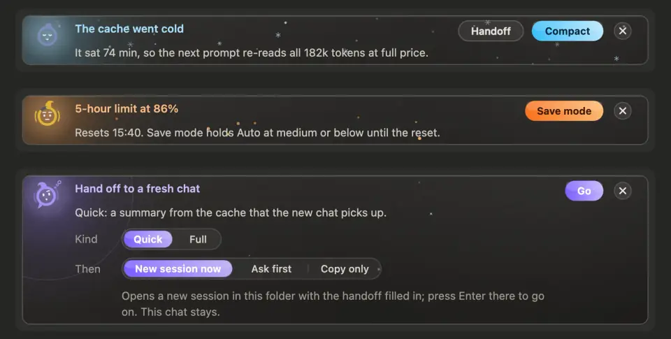 ripple cards for a cold prompt cache, a 5-hour limit at 86% with Save mode, and a handoff to a fresh chat