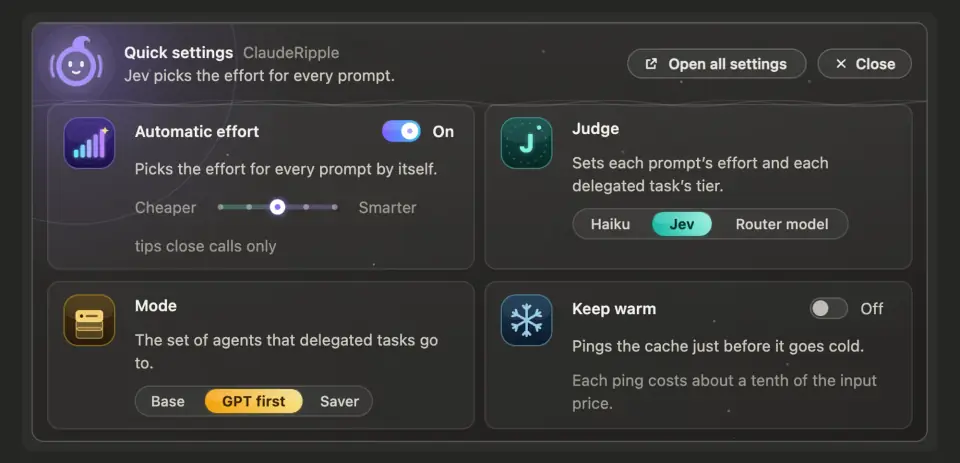 ripple quick settings: automatic effort with its slider, the judge choice, the worker mode and keep warm