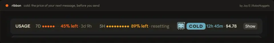 ribbon folded in one row with a cold cache: 7D 45% left, 5H 89% left, idle 12h 45m and a $4.78 next message