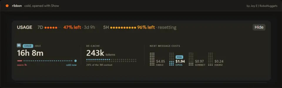 ribbon cache card when cold: 16h 8m idle, 243k tokens to re-cache and the next message priced on four models