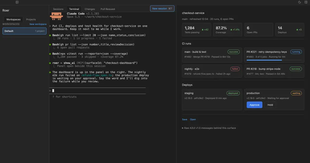Roer app with a Claude Code session beside a CI dashboard in its Generative UI panel, the view roer-ui brings to a pane